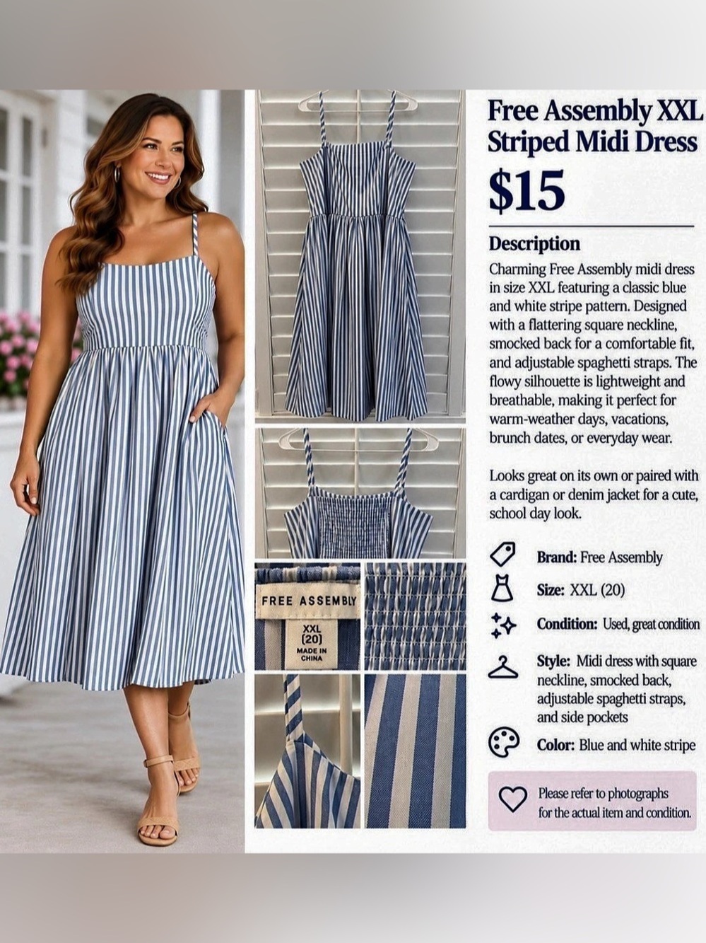 Free Assembly Women's Sleeveless Square Neck Midi Dress Blue & White XXL (20)